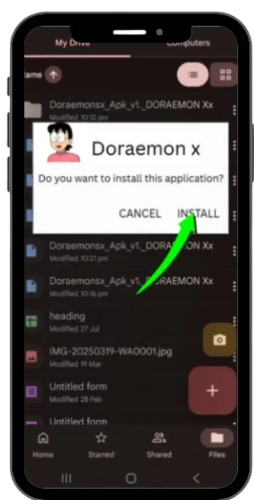 Doraemon X Mod APK installation screen on Android showing install confirmation